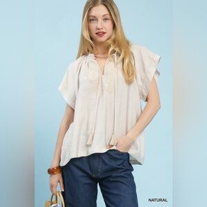 Umgee Embroidered Boho Blouse with Tassel Tie